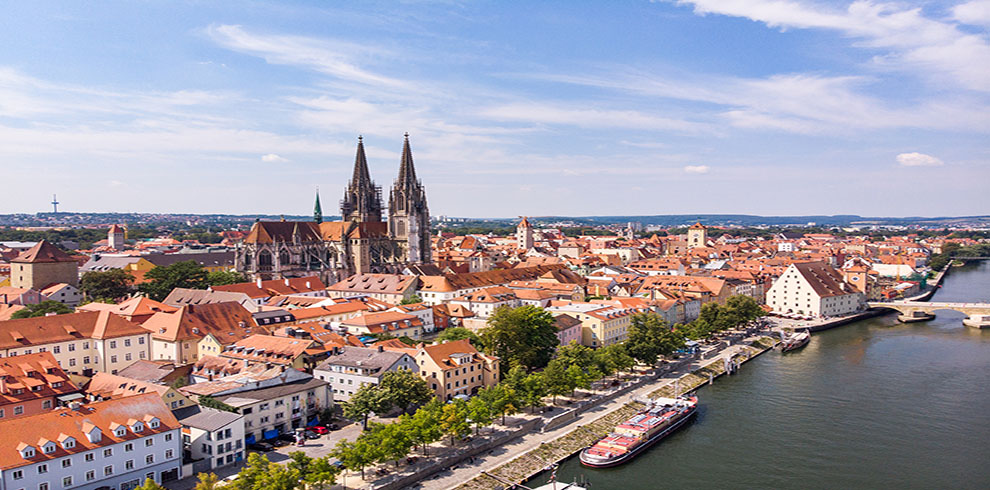 Aerial Photography Of Regensburg City, Germany. Danube River, Ar
