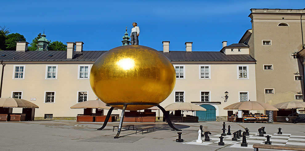 Salzburg, Austria – May 24, 2019: Sculpture Sphere, The Golden B