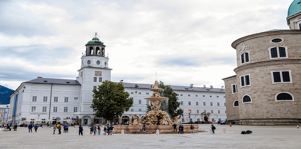 Salzburg, Austria, 28 August 2021: Fountain Residenzbrunnen With